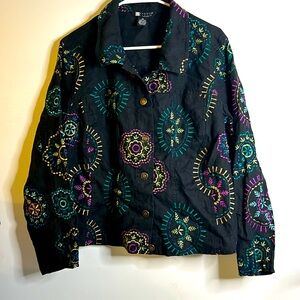 Carole Little boho embroidered linen jacket size 2x Jacquard floral artsy
